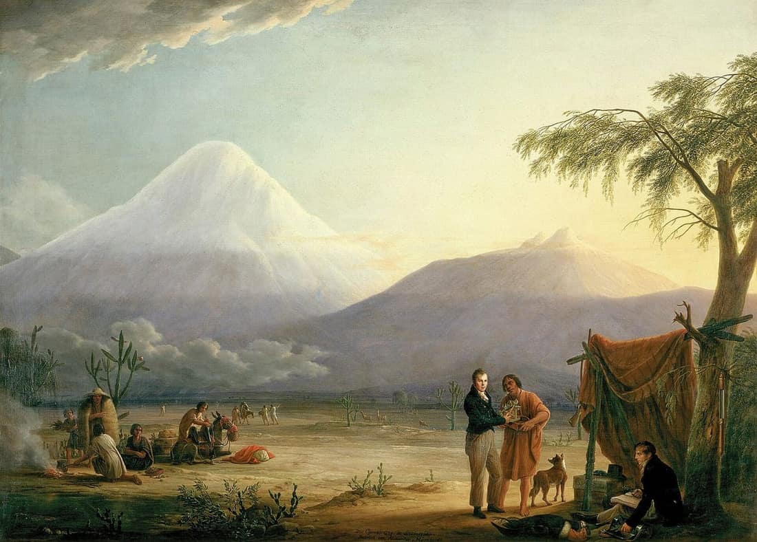 Pintura de Humboldt y Bonpland al pie del volcán Chimborazo