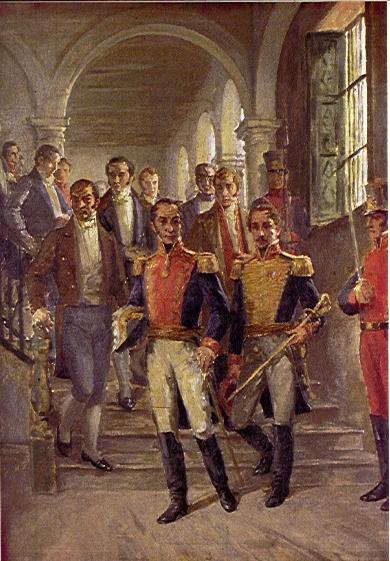 Óleo de Bolívar y Santander saliendo del Congreso de Cúcuta