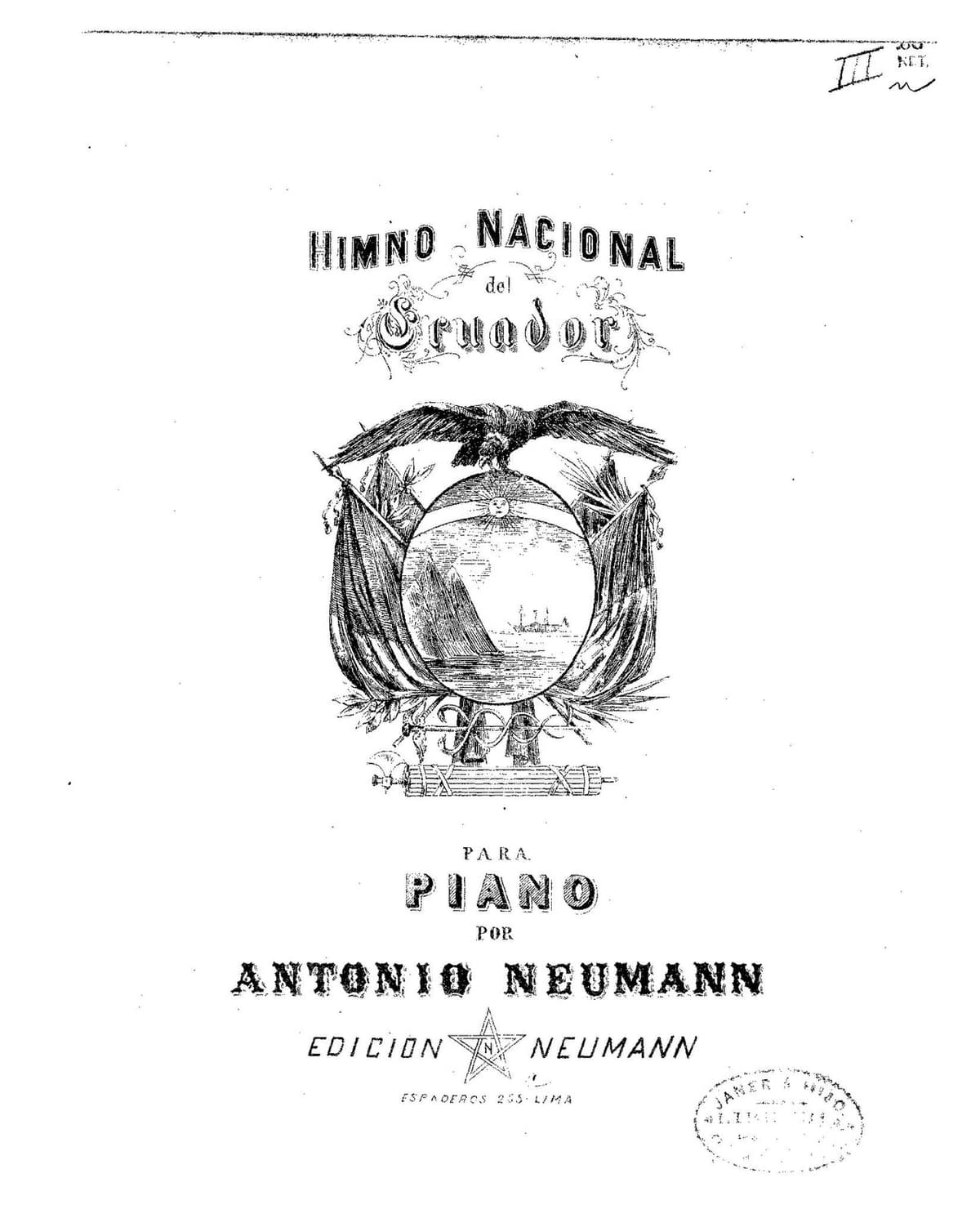 Portada de la partitura histórica del himno nacional del Ecuador, «Salve, Oh Patria»