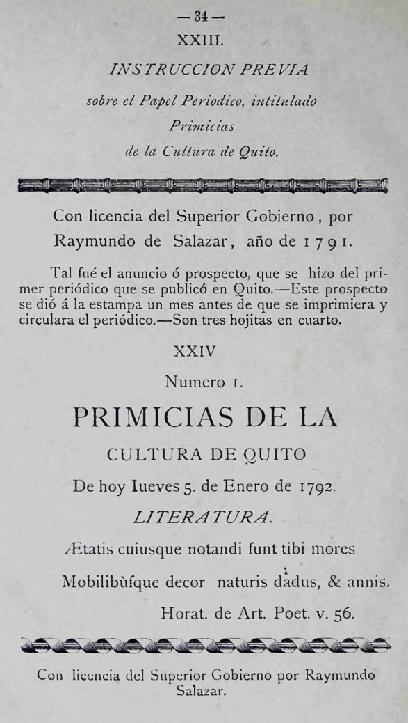 Portada del periódico Primicias de la Cultura de Quito de 1792