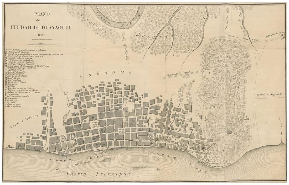 Plano antiguo de la ciudad de Guayaquil publicado en 1858