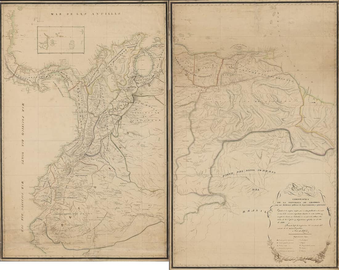 Carta corográfica de la Gran Colombia de 1825 con la división territorial de 1824